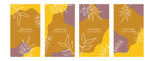 Fototapeta na wymiar Vector collection of trendy creative cards with floral exotic tropical elements, cactus palm monstrerra leaves in graphic abstract style. Design for poster, card, invitation, placard, brochure, art.