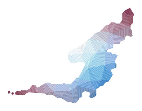 Map of Bequia. Low poly illustration of the island with a geometric design featuring stripes. A digital and abstract representation of the island's shape.