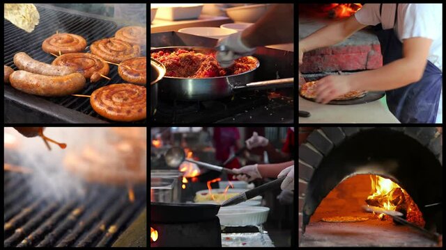 Cooking in Restaurant Kitchen Conceptual Multi Screen Video - Chef Cooking With Fire In Frying Pan. Cooking Pizza in a Wood Fired Brick Oven. Cooking Delicious Juicy Meat Sausages. 