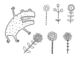 Funny angry and scary Alien monster with teeth and flowers for kids book. Imaginary creature for children coloring book, black and white outline fantasy cartoon for coloring pages.