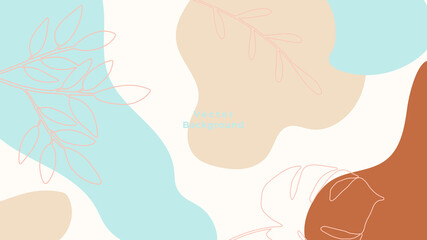 Obraz na płótnie Canvas Minimal background in pink blue beige flowers. Luxury minimal style wallpaper with golden line art flower and botanical leaves, Organic shapes, Watercolor. Vector background for banner, poster, Web