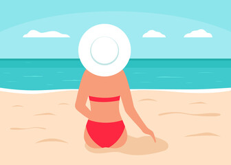Fototapeta na wymiar Woman in red swimsuit sits on beach and looks at sea, back view. Silhouette of girl in bikini. Summer vacation and beach concept. Vector illustration