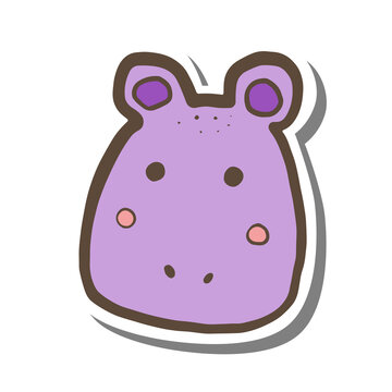 Doodle cartoon cute face hippo on white silhouette and gray shadow. Vector illustration about animal.