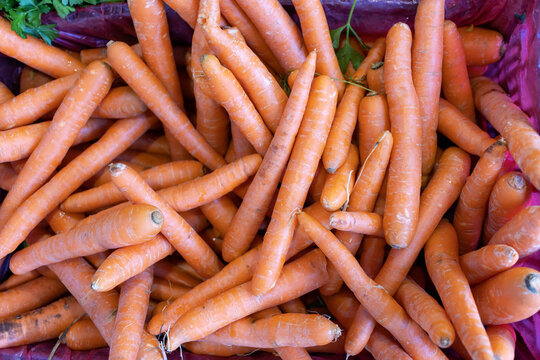 Fresh carrots on the counter of the farmers' market, sale of the harvest. Background image, place for text.