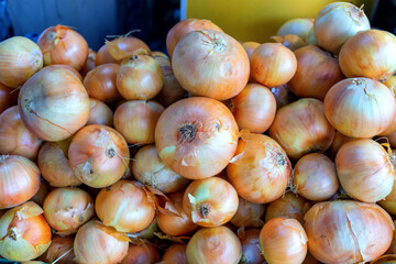 Lots of yellow onions on the counter. Farmers market, sale of crops.
