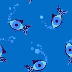 Fototapeta na wymiar Abstract Hand Drawing Eye Shaped Fishes and Bubbles Seamless Pattern Isolated Background