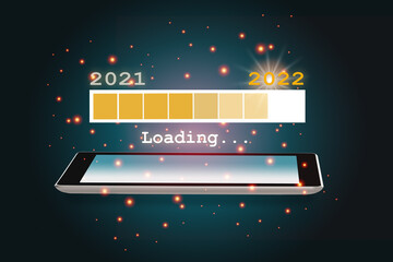 Year 2021 loading to new year 2022 on smartphone on abstract background. Beginning to success with technology concept and revolution idea