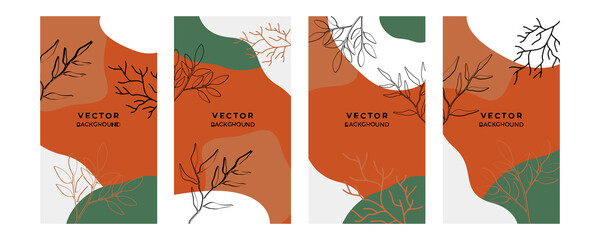 Abstract organic background vector. Earth tone minimal style wallpaper with foliage line art floral and botanical leaves, Organic shapes. Vector background for cover, banner, poster, Web and packaging