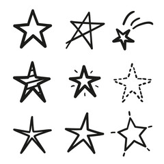 Hand drawn black stars on isolated white background. Black and white illustration