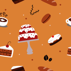 Seamless pattern with cake and coffee