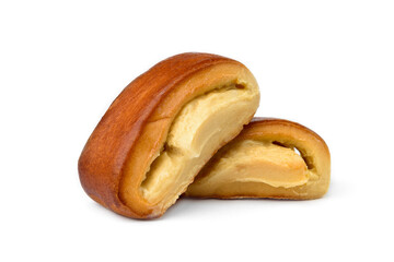 Yeast buns with vanilla cream isolated on white background.