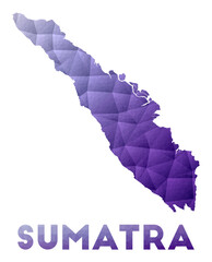 Map of Sumatra. Low poly illustration of the island. Purple geometric design. Polygonal vector illustration.