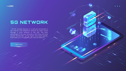 5G network website banner, web page design template. 5th generation mobile internet, isometric neon vector illustration