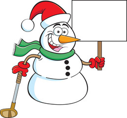 Cartoon illustration of a snowman wearing a Santa hat while holding a golf club and a sign.