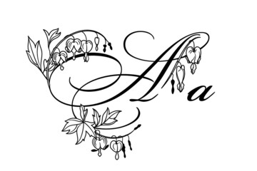 Floral font. Letter A with dicentra flowers. Wonderful flora letter for unique spring or summer design. Tattoo. Isolated.