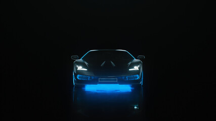 Fototapeta na wymiar 3d render sports car with neon lights goes to the camera on a black background