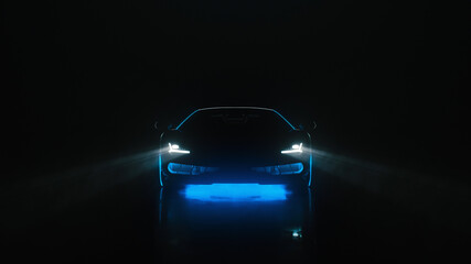 Plakat 3d render sports car with neon lights goes to the camera on a black background