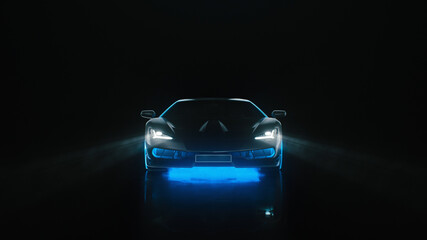Obraz na płótnie Canvas 3d render sports car with neon lights goes to the camera on a black background