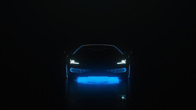 3d render sports car with neon lights goes to the camera on a black background