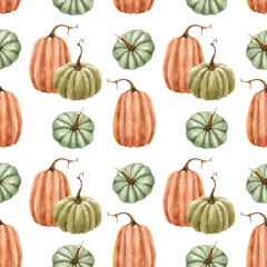 seamless pattern with green and orange pumpkins on white background, illustration watercolor hand painted.