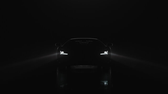 3d render sports car with lights goes to the camera on a black background
