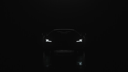 Obraz na płótnie Canvas 3d render sports car with lights goes to the camera on a black background