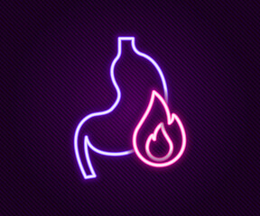 Glowing neon line Stomach heartburn icon isolated on black background. Stomach burn. Gastritis and acid reflux, indigestion and stomach pain problems. Colorful outline concept. Vector