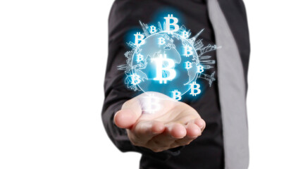 Hands showing bitcoin as virtual money on digital