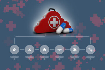 3d rendering First aid kit in cloud with pill