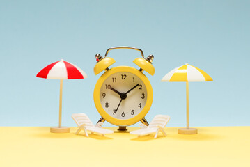 Time to travel. Sun lounger, yellow umbrella and alarm clock.