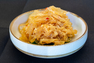 Pickled with jellyfish, the spicy pickle tastes crispy. It's a delicacy in Asia and the East. It's very popular in Korea and Japan