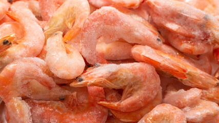 Fresh shrimps in ice. Top view.