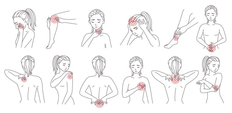 Female body painful zone set, vector illustration. Sick patient body parts red pain dots. Migraine, headache, backache.
