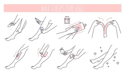 Hair removal wax strips application steps. Waxing at home guide. Skincare and beauty. Leg depilation vector illustration - obrazy, fototapety, plakaty