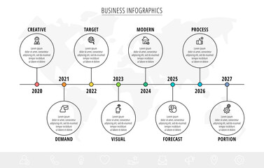 Business vector infographics with 8 line circles. Timeline visualization with eight steps for diagram, flowchart, banner, presentations, web, content, levels, chart, graphic