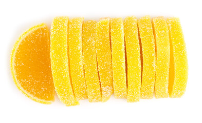 Marmalade isolated on white background. Jelly candy's. Dessert marmalade in the form of lemon and orange slices. The sweetness of jelly candy yellow and orange.