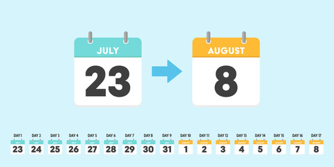 競技日程のカレンダーアイコンセット：7月と8月の夏休み期間のイベント・スポーツ競技会・フェス等のスケジュール素材