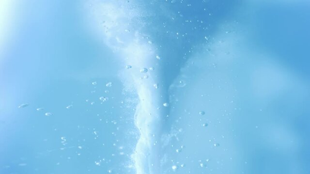 Underwater bubble vortex swirl whirlpool loop. Macro High-speed slow-motion studio shot. Real soap foam whirl on blue template mock-up background as beauty and cleaning product showcase demo template.