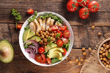 buddha bowl with grilled chicken,  roasted chickpea and vegetables
