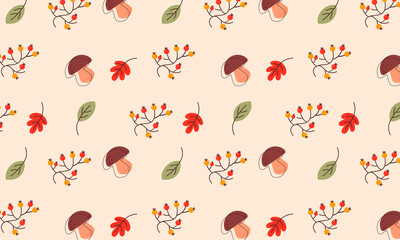 Autumn seamless vector pattern, Rowan Berries, Maple leaves, Mushrooms