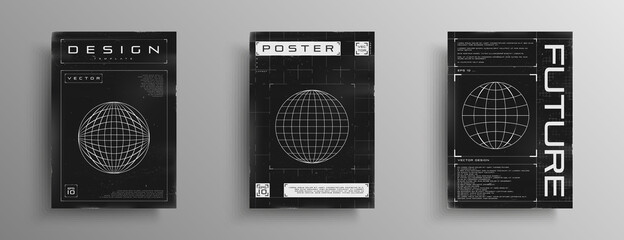Set of retrofuturistic posters with HUD elements, broken laser grid, and wireframe planet. Black and white retro cyberpunk style poster design. Electronic music cover design. Vector