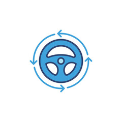 Obraz premium Steering Wheel with Arrows blue icon. Car vector sign