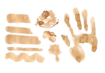 Coffee or tea doodle splash spots. Illustration for cafe menu. Dirty stain and arms stamp