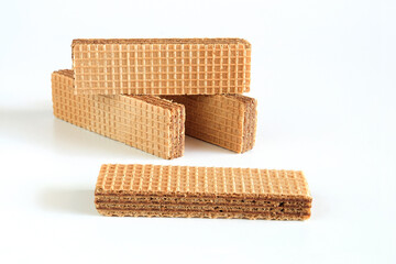 Wafers with chocolate on white background. food health.