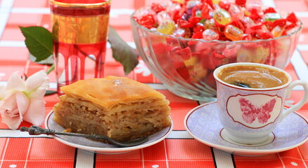 The process of making a delicious Turkish national dessert - baklava with walnuts