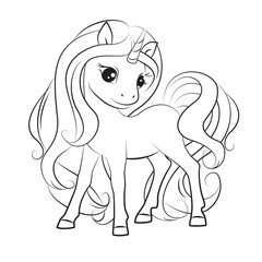 Art. Coloring.  Hand drawn illustration of cute little unicorn . Black and white. Fashion illustration drawing in modern style. Silhouette. Colorbook.  Isolated .Children background. Magic pony.  - 444983421