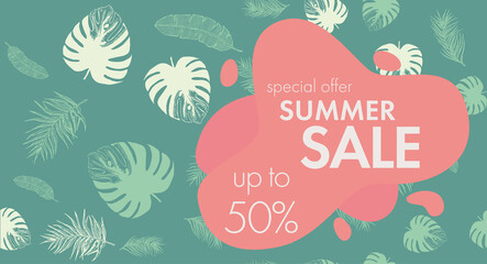 Tropical leaves pattern. Summer Sale. Hand drawn illustration.	

