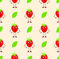 Strawberry seamless pattern. Hand drawn fresh berry. Vector sketch background. Doodle wallpaper. Red and green print