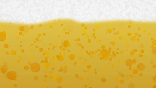 yellow beer with bubbles and white foam move from bottom to top