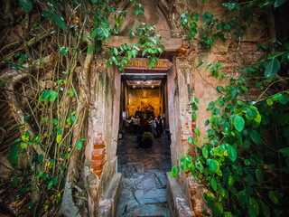 Old Buddha statue covered with trees roots in Wat Bang Kung Camp, Prok Bodhi Ubosot, in Samut...